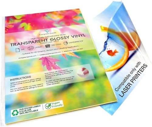 Transparente, selbstklebende Vinylfolie, A4, transparent, selbstklebend, Laserdrucker, 20 Blatt