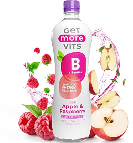 Get More Vits Flavoured Water - Apple & Raspberry Still Water with B Vitamins - Low Calorie, Sugar Free, & Vegan Flavoured Spring Water with Niacin, Biotin, & Thiamine - 1 Litre Bottle, Pack of 12