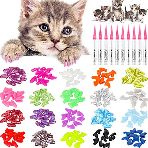 WILLBOND 200 Pièces Capsules d'Ongles Colorés pour Chat Couvre-Griffes Doux pour Chats avec 10 Pièces Colles Adhésives et 10 Pièces Applicateurs avec Instruction pour Animaux Domestiques Chats