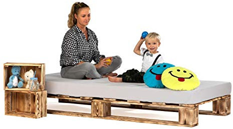 sunnypillow 120x200 cm Palettenbett aus Holz Holzbett Massivholzbett Bett aus Paletten Palettenmöbel Geflammt Vintage europalette 80 90 100 120 140 160 180 200 220 240 x 200 cm