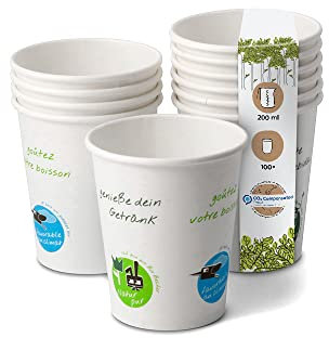 BIOZOYG 100x vasos desechables 200 ml / 8 oz, Ø 80 mm blanco con coloridos iconos medioambientales - vasos cafe sin plástico y con materiales sostenibles - vasos cafe desechables
