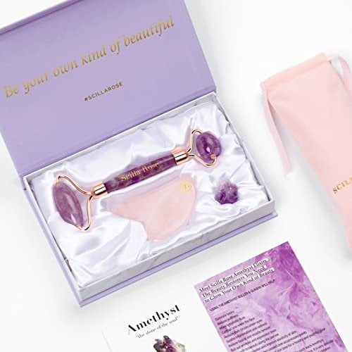 Jade Roller, Amethyst Roller and Rose Quartz Gua Sha Set - Guasha Stone Massager- Superior and Natural, Anti-Ageing Facial Massage Skincare Tools - Pamper Gifts for Women