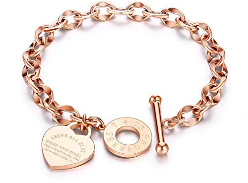 ATEIELLI Bracciale Cuore da Donna Acciaio Inossidabile Oro Rosa Placcato con Zirconia con Chiusura a T B1547 (157Lettera)