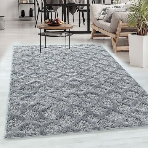 Carpetsale24 Teppich Wohnzimmer Hoch-Tief Effekt 3D Rauten Design Grau 160 x 230 cm - Hochflor Teppich Schlafzimmer Retro Design Weich und Pflegeleicht Elegante Teppiche Flauschig für Küche Esszimmer