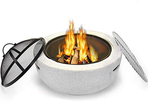 RANRANHOME Feuerstelle Für Brennholz Für Den Außenbereich, Runde Beton Holzfeuerstelle Mit Funkenschutz Und BBQ-Grill, Für Terrassengarten-Garten-Hinterhof-Terrasse,A