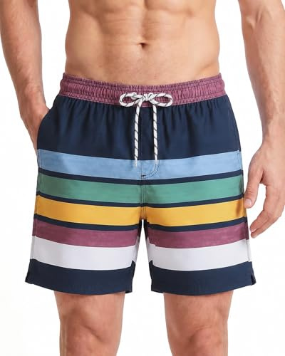 MaaMgic Short de Bain pour Homme Maillot de Bain Rayée avec Poche Séchage Rapide Short de Plage pour Vacance Piscine,Bleu Marine Rayures,XS