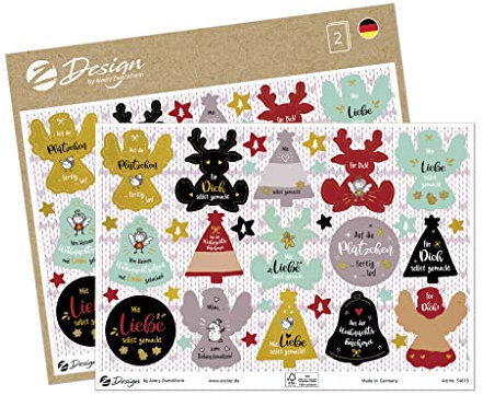 AVERY Zweckform 66 Aufkleber Weihnachten Selbstgemacht Sterne (Made in Germany, Weihnachtssticker A5 Bogen Goldprägung, Papier selbstklebend, Weihnachtsdeko Karten, Geschenke, Tüten) 54615