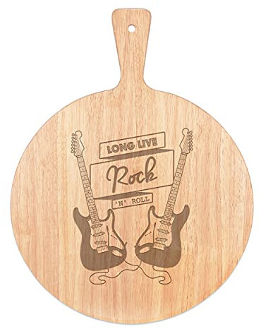 Long Live Rock N Roll Electric Guitar Pizza Board Paddle Serving Tray Handle Round Wooden 45x34cm