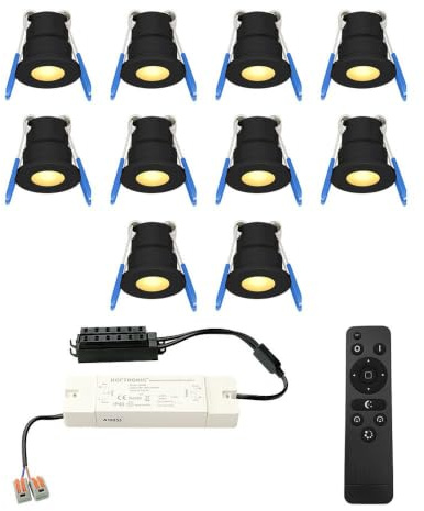 HOFTRONIC - Einbaustrahler Schwarz Feuchtraum Badezimmer 12V Terrassenüberdachung IP65 Wasserdicht | 10x3W 200 Lumen Warmweiß lichtfarbe Dimmbar RF-Fernbedienung. 3W Mini LED Einbaustrahler Flach 35mm