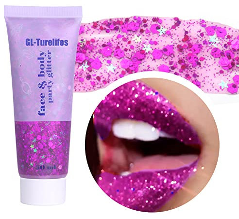 GL-Turelifes Chunky Glitter Gel Glitter Body Gel Festival Glitter Cosmético Cara Cabello Uñas Maquillaje Sirena Lentejuelas Sombra de ojos líquida Larga duración Espumoso 50ml (#04 morado claro)