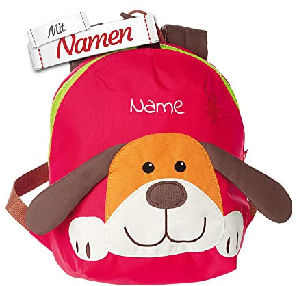 LALALO Sigikid Mini Kindergartenrucksack mit Namen personalisiert (bestickt), Kinderrucksack, Kinder Rucksack für Kindergarten Kita, Kleinkind Tasche, Kindergartentasche (Hund/Rot)