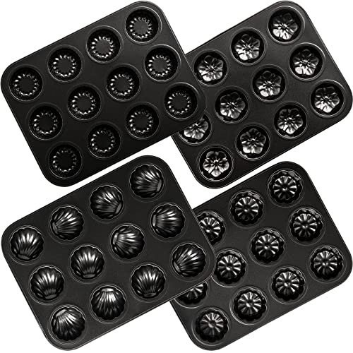 Hiceeden 4 Stück 12 Karbonstahl Muffinblech, Muffinform, Madeleines Backblech, Mini Karbonstahl Muffinform zum Backen, 1 Kugelschale und 3 Blumenformen