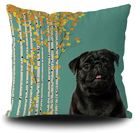 Lustiger schwarzer Mops mit weißem Birkenbaum, Kissenbezug für Sofa, Bett, Heimdekoration, 40,6 x 40,6 cm, doppelseitig