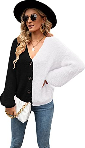 HEYPORK Damen Herbst Winter Warm Bequem Jacke Casual Mode übergangsjacke Mantel Frauen Gestrickt Rosa Einreihig Patchwork Strickjacke