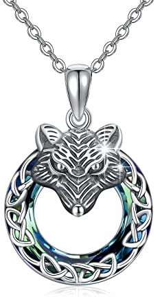 ZIPPICE Wolf Kristall Halskette für Damen 925 Sterling Silber Keltische Wolf Kette Wolf Anhänger Schmuck Geschenke für Frauen Männer Mädchen