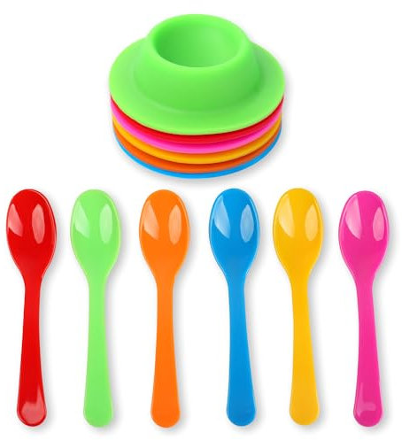 Schramm® Eierbecher - Set aus 6 Stück Silikon Eierbecher und 6 Stück Eierlöffel aus Kunstsoff Eierhalter mit Ablage Eierständer BPA-frei