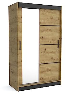 Brent - Kleiderschrank mit Spiegel 100cm Breit Windsor Tomy I Schlafzimmerschrank mit 2 Kleiderstanger und Einlegeböden für Kleidung I Kleiderschrank Artisan Eiche