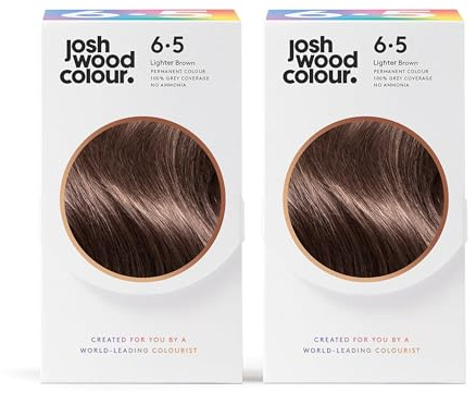 Josh Wood Permanent Hair Dye, 6.5 Lighter Brown, Ammonia-Free, 296ml 2-Pack | 100% grey coverage, vegan formula, shine complex for glossy hair, salon-created colour, easy root-to-tip application