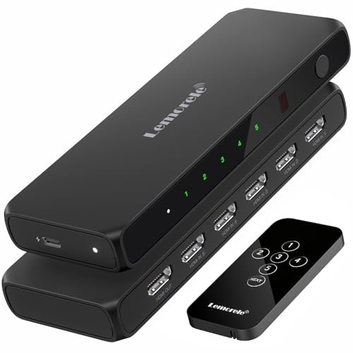Lemorele Switch HDMI 5 Entradas a 1 Salida 4K Con Control Remoto - Conmutador Soporta UHD 1080P HDCP - Compatible Con PS5/PS4/PS3, PC, DVD, BLU-Ray, Xbox, Roku