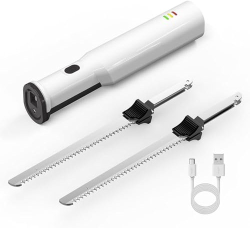 CGLYYDS Couteau de sculpture électrique à la viande, couteau électrique rechargeable sans fil avec 2 lames en acier inoxydable de 8 pouces dentelées et serrure de sécurité, pour la sculpture du pain