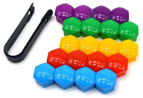QitinDasen 20 Pièces 17 mm Voiture Roue Cache-Écrous, Bouchon à Vis de Moyeu de Voiture Universel, Cache-Écrou de Pneu Hexagonal avec Outil de Retrait (Rouge Jaune Bleu Vert Violet)