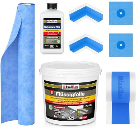 Isolbau Kit d'étanchéité avec 1 film liquide (7 kg), 1 fond de profondeur PRO (1 L), 1 bande d'étanchéité (5 m), 1 bande d'étanchéité (2 m), 2 coins intérieurs et 2 manchettes
