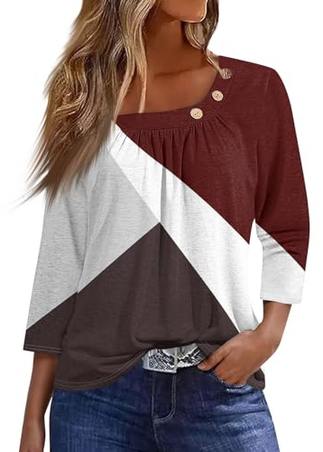 SCBFDI Damen Blusen, Top Damen Frühjahr 3/4 Ärmel Oberteil | Schule Moderneen Print Rundhals Hemdbluse Women Dünn Plissierte Gemütlich, Damen Tops Sommer