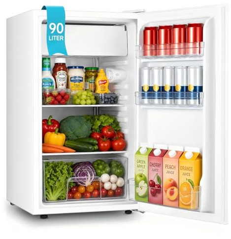 FOHERE Kühlschrank mit Gefrierfach 90L, Mini Kühlschrank Klein 7 Einstellbare Temperaturregelung, Energieeffizient und Ultra-Leiser für Studentenwohnheim/Büro, Weiß