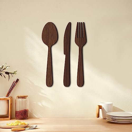 Set Di 3 Posate Decorative Da Parete in Legno - Cucchiaio, Forchetta, Coltello per Decorazione Cucina - Arte Della Parete
