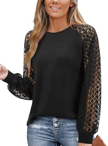 Amoretu Damen Blusen Longbluse Spitzenbluse Damenpullover Langarm T-Shirt Schwarz XXL