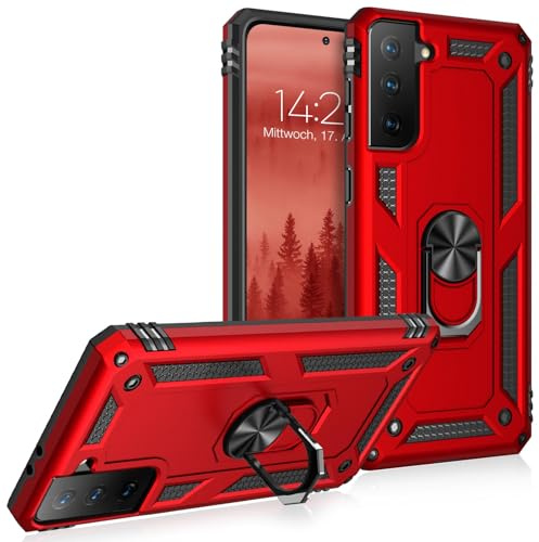 LBH Outdoor Hülle für Samsung Galaxy S21 Armor Militär Stoßfest Handyhülle 360 Grad Metal Ring Halter Ständer Schutzhülle für Handyhalterung Auto Magnet Rot