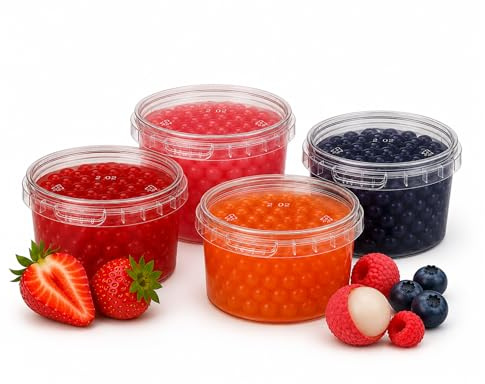 ONHA Bubble Tea Perlen Set - 4er Pack mit Popping Boba Fruchtperlen - fruchtige Tapioka servierfertig - 100% vegan und glutenfrei - Erdbeere, Maracuja, Blaubeere, Litschi