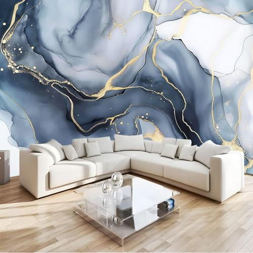 Bleu Marine 3D Papier Peint Panoramique Texture D'Or En Marbre Décoration Murale Enfant Pour Chambre, Salon & Bureau - Facile À Poser (Décoration Maison) 200 X 140 Cm