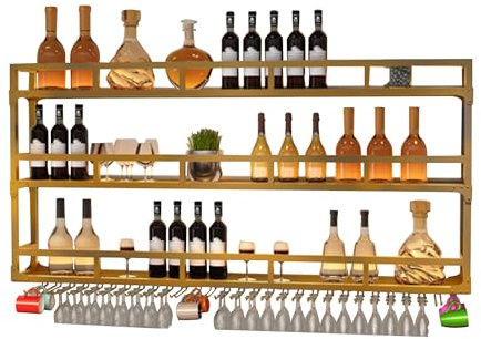 Weinregal Wand Metall mit Licht Flaschenregal Wine Rack Weinschrank Schmal Barschrank mit Weinglashalter Weinständer Weinflaschenhalter Getränke Regal Mini Bar für Esszimmer Home Bar Küche(Gold,3LAYER