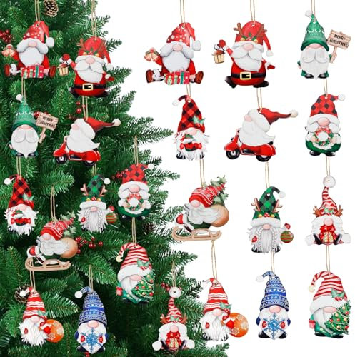 Kiiwah 24 Pcs Holzanhänger Weihnachten, Christbaumschmuck Holz Weihnachtsanhänger mit Schnur, Weihnachtsbaum Schmuck Lustig, Zwerg