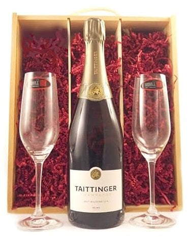 Taittinger Brut Millésimé Vintage Champagne 2016 with Two Riedel Crystal Champagne Flutes