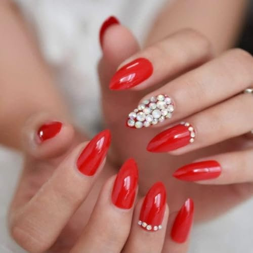 24 Stück Rote Diamant-Weihnachtsnägel, Press on Nails Mandel, Nägel zum Aufdrücken, Natürlich Acryl Kunstnägel mit Nagelkleber, Fake Nails für Frauen Nail Art DIY (Rot Diamant, 12 Größe)