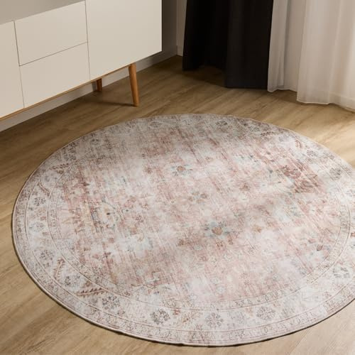 benuta Basic Waschbarer Teppich George - Rosa 120 cm rund - Kunstfaser - rund & im Style: Vintage, Elegant, Retro - Pflegeleicht für Wohnzimmer Schlafzimmer