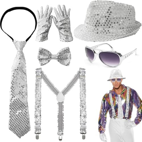 DONGZQAN Lot de 7 Tenues à Paillettes pour Homme, Costume de Carnaval et Disco avec Accessoires et Chapeau pour Fête, Danse, Performance