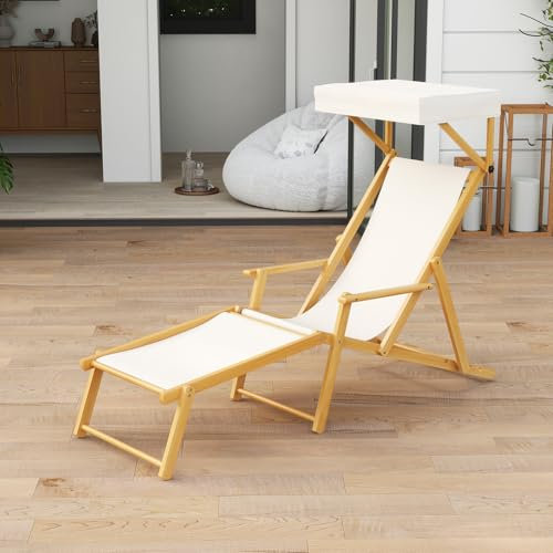 GIANTEX Tumbona de Exterior con Parasol, Marco de Madera de Abedul, Tumbona Plegable con Respaldo Ajustable, Reposapiés, Tejidos de Recambio, Sillón para Playa, Terraza, Jardín