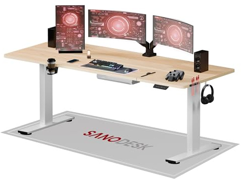 SANODESK QS-Gaming Escritorio Elevable Eléctrico 200x80 cm, Regulable en Altura, Control con Función de Memoria y Gancho, Arce