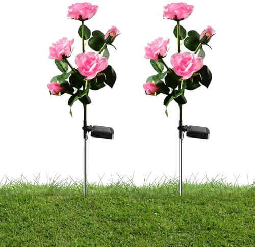 Jauhmui Solarlampen Rose für Außen Garten Deko 2 STK für Rasen(5 Rose,Rosa)