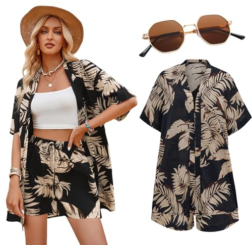 Antsparty Hawaii Hemd Damen, Sommer Kurzarm Shirt Shorts Set mit Sonnenbrille, Casual Hawaii Hemden Frauen für Urlaub Party