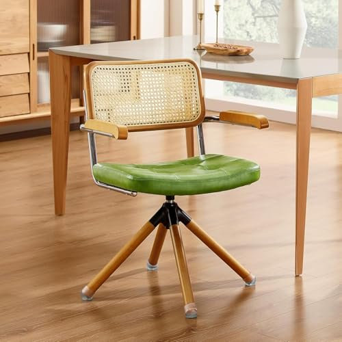 Zouron Rattan Bürostuhl Ohne Rollen - Mid Century Modern Drehstuhl ohne Rollen, Grün Kunstleder gepolsterter Esszimmerstuhl mit Buchenholzbeine, Schreibstuhl Akzentsessel für Home Office