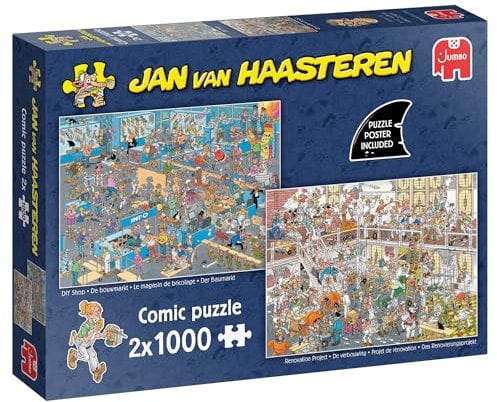 Jan Van Haasteren DIY Shop Age 14+ & Renovation Project - 2 x 1000 Piece Adults Puzzle - Set of 2 Large Jigsaw Puzzle for Adults - 100% Recycled Cardboard 1000Pc Comic Jigsaw & Poster - 68 x 49cm