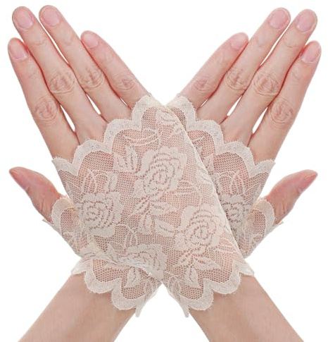 Quilax Fingerlose Spitzenhandschuhe, kurze florale Spitzenhandschuhe, für Damen, Teeparty, fingerlose Handschuhe für Damen, Brautschmuck, Abschlussball, Hochzeit, beige, One size