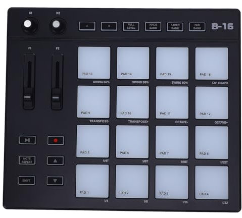 Midi Beat Maker Pad -Maschine, Drum Machine mit 16 Backbeleuchtung Drum Pads, 2 Zuweisbaren Fader und 2 Verstellbaren Knöpfen, Tragbarem RGB -Drum -Pad für die Musikproduktion