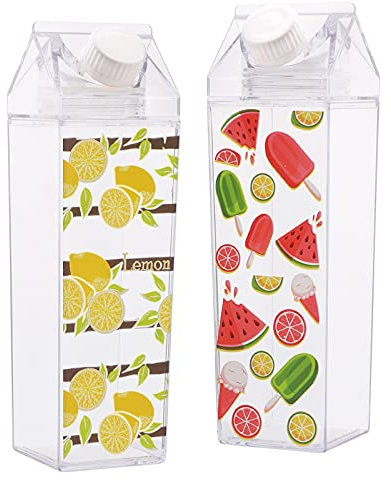 Milk Carton Water Bottle,2 Pack 500ML Portable Square Cute Clear Water Bottle with Screw Top,Summer Reusable Leak Proof Juice Drinking Bottle for Indoor Outdoor Activities,Travel,Camping (500ML)
