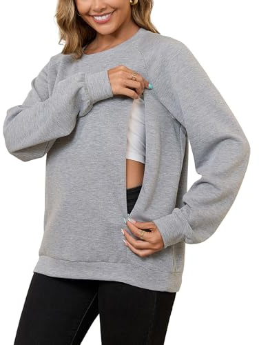 DEBELLY Stillfreundliches Sweatshirt zum Stillen für Damen, Doppelreißverschluss, Still-Top, langärmelig, Rundhalsausschnitt, Freizeitkleidung