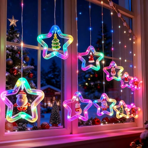 Fohil Lichterkettenvorhang Fenster Weihnachtsdeko, 100LED Sterne Lichtervorhang, Lichtervorhang mit Weihnachtsschmuck, Weihnachtsbeleuchtung Fenster 8 Modi mit Fernbedienung Lichterkette Innen USB